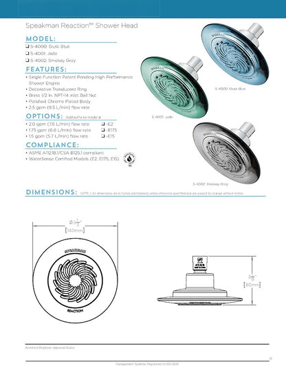 Speakman S-4002 Reaction Single-Function Showerhead for Stylish Bathroom Décor, 2.5 GPM, Clear Smokey Gray