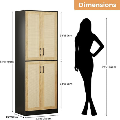 JASIWAY Kitchen Pantry Cabinet, 67" Tall Rattan Storage Cabinet with Doors and Adjustable Shelves, Wooden Linen Pantry Cupboard for Small Spaces Laundry Room Bathroom, Food Snack Towels Storage, Black