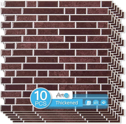 Art3d 10-Sheet Heavy-Duty Peel and Stick Backsplash, Waterproof Wall Tiles Stick on Kitchen Backsplash Living Space, Dark Burgundy