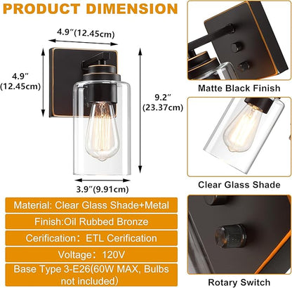 Pia Ricco Wall Sconces Set of 2, Bedside Wall Lamps with Switch for Bedroom, Modern Bathroom Light Fixtures with Clear Glass Shade, Oil Rubbed Bronze Sconces Wall Lights for Living Room, Hallway