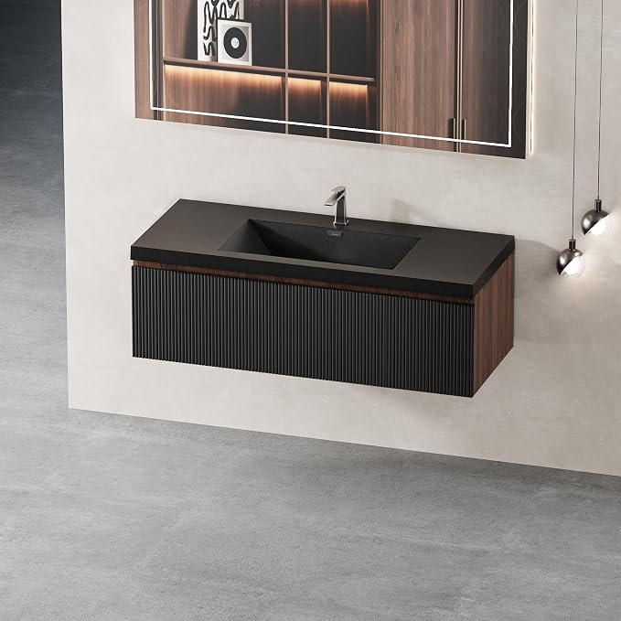 48" Floating Bathroom Vanity with Sink, Wall-Mounted Smoked Walnut Storage Cabinet, Wave-Textured Soft-Close Drawer & Matte Black Quartz Sand Basin