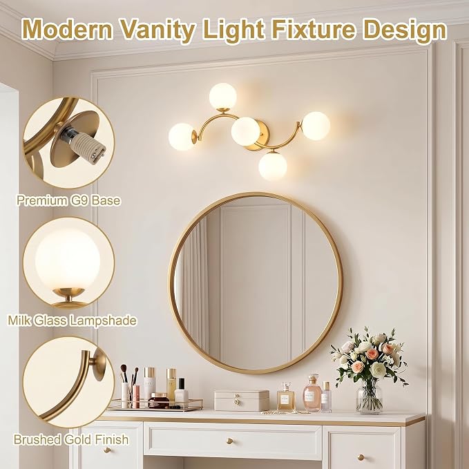 Mieloxiy 5-Light Gold Bathroom Vanity Light, Modern Mid Century Bathroom Light Fixtures Over Mirror with Milk Glass Globe Shades, G9 Wall Sconce for Vanity, Bedroom, Hallway, Bulbs Not Included