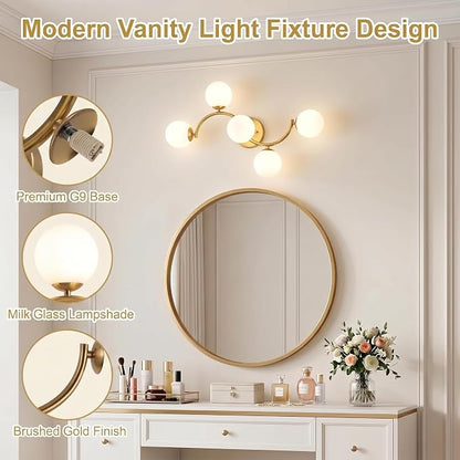 Mieloxiy 5-Light Gold Bathroom Vanity Light, Modern Mid Century Bathroom Light Fixtures Over Mirror with Milk Glass Globe Shades, G9 Wall Sconce for Vanity, Bedroom, Hallway, Bulbs Not Included