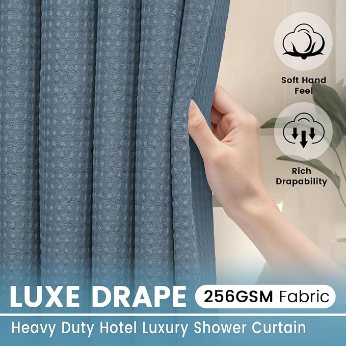 EUTXL Heavyweight No Hook Shower Curtain with Liner, Moonlight Blue,71x86 | Snap in Liner, 256GSM Thick Waffle Fabric, Hotel Luxury Spa, Corner Magnets, Quick Dry, Waterproof & Washable, Extra Long