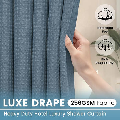 EUTXL Heavyweight No Hook Shower Curtain with Liner, Moonlight Blue,71x86 | Snap in Liner, 256GSM Thick Waffle Fabric, Hotel Luxury Spa, Corner Magnets, Quick Dry, Waterproof & Washable, Extra Long