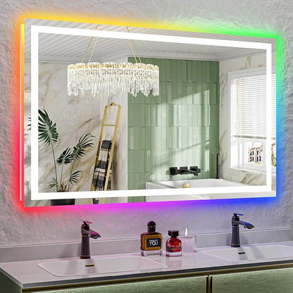 60x38 LED Bathroom Mirror with Lights, RGB Backlit Lighted Mirror | Backlit and Front Light, Anti-Fog, 3 Color Dimmable, Memory, Tempered Glass, IP54 Waterproof, UL Listed
