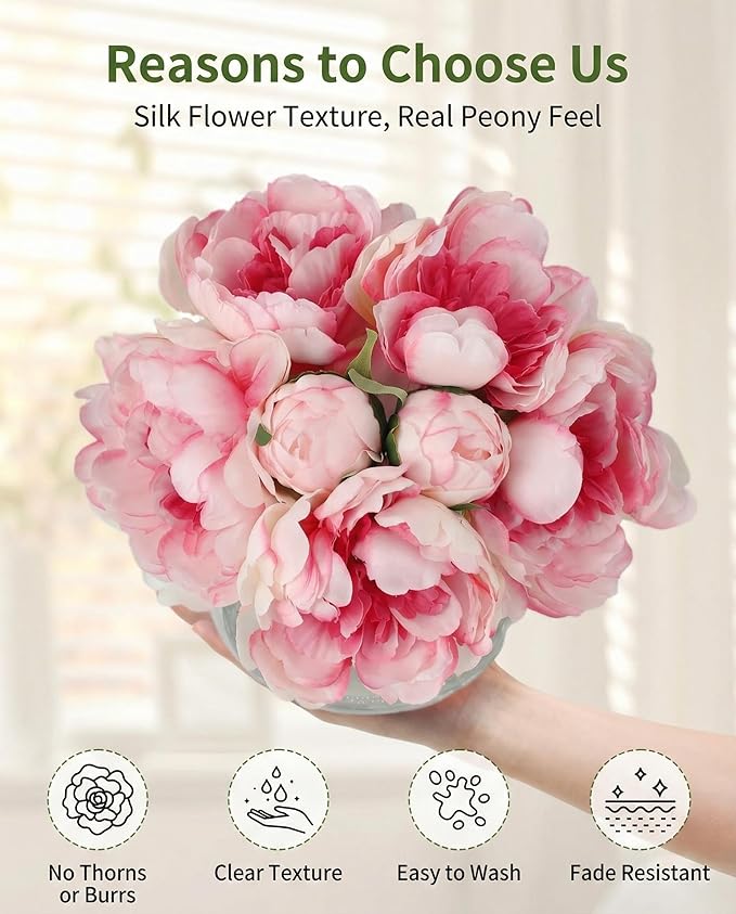 Garvee Artificial Peonies Flowers with Vase, Mixed Pink Silk Peony Bouquet with Faux Water in Glass Vase, Lifelike Fake Peonies Floral Arrangement for Table Centerpiece, Wedding, Home Decor