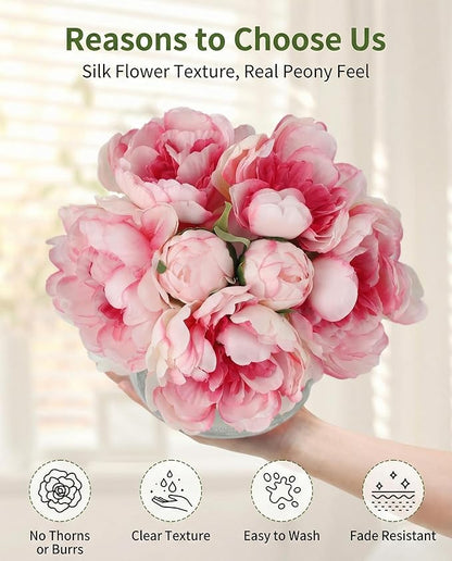 Garvee Artificial Peonies Flowers with Vase, Mixed Pink Silk Peony Bouquet with Faux Water in Glass Vase, Lifelike Fake Peonies Floral Arrangement for Table Centerpiece, Wedding, Home Decor