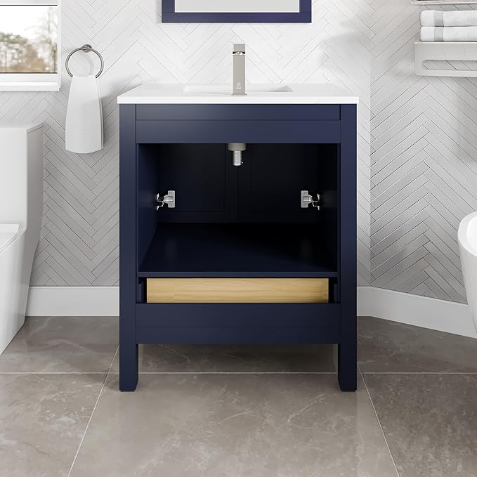 Eviva London 30 in. Blue Single Sink Bath Vanity with Carrara Quartz Top and Undermount Porcelain Sink