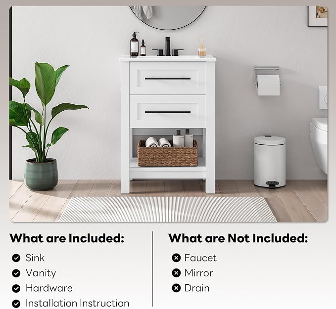 LIKIMIO 24" Bathroom Vanity with Sink, 2 Drawers & Open Shelf, White | Freestanding Bathroom Vanity, Integrated Ceramic Sink, U-Shaped Drawers, Modern Bathroom Storage Cabinet, Easy Assembly