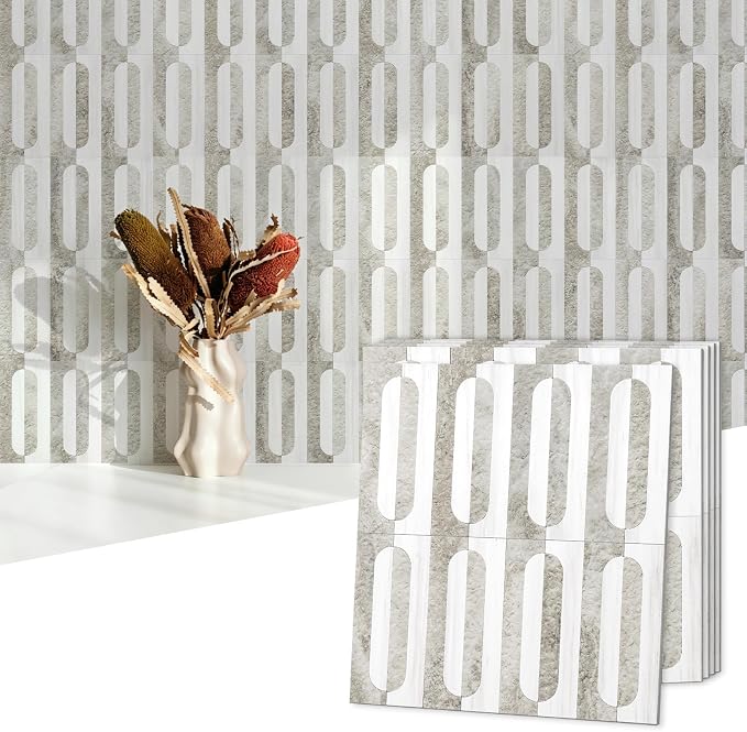 STICKGOO Peel and Stick Backsplash Tiles 12"x12", Waterproof Stick on Kitchen & Bathroom Backsplash, PVC Self Adhesive Wall Tiles for Fireplace, White/Beige Slate (10 Sheets)