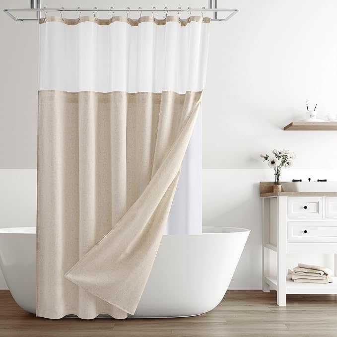 Extra Long Linen Shower Curtain 84 Inch Beige White Double Layer | 7ft, Curtains with Hook for Bathroom, Snap in Liner, Water Repellent, Boho Farmhouse, Modern Bath Decor, 1 Panel, 72x84