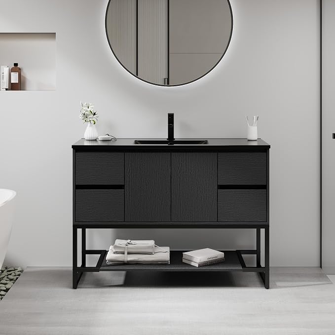 LUCKWIND 48" Modern Bathroom Vanity with Single Black Sink Combo, Freestanding Storage Cabinet with Metal Frame, Water-Saving Faucet and Open Shelf and 2 Soft-Closing Door, Black