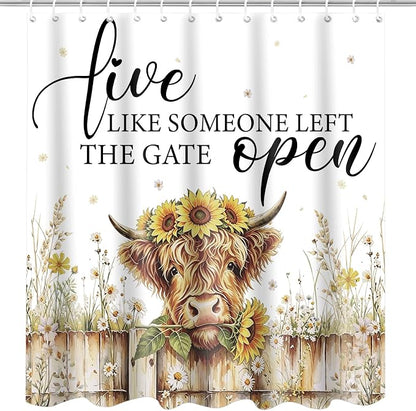 Highland Cow Shower Curtain, Rustic Farmhouse Floral Bath Curtain | 72x72 Inches, Waterproof Polyester Fabric, Country Bathroom Decor for Home Decorations, Includes 12 Hooks
