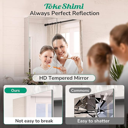 TokeShimi 12 x 36 Farmhouse Medicine Cabinet Recessed or Surface Mount Aluminum, Mirror with Stepless Adjustable Storage, Silver Bathroom Mirror Medicine Cabinet Frameless Metal Modern