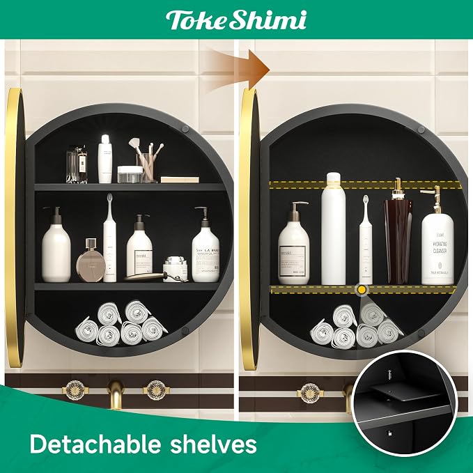 20 Inch Round Gold Framed Medicine Cabinet for Bathroom with Vanity Mirror Small Metal Bathroom Mirrored Cabinet for Wall Mounted Only Circle Farmhouse Medicine Cabinet Detachable Shelves