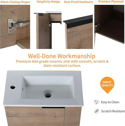 22" Bathroom Vanity with Sink, Floating Wall-Mounted Modern Vanity Cabinet for Small Space, 1 Door Brown Bathroom Sink Combo, Space Saving Vanity, Small Bathroom Vanities