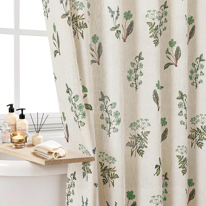 Colorful Star Farmhouse Green Floral Linen Shower Curtain, 72" W x 72" L | Vintage Boho Shower Curtain for Bathroom, French Country Pattern Waterproof Bathroom Curtains with 12 Clear Hooks