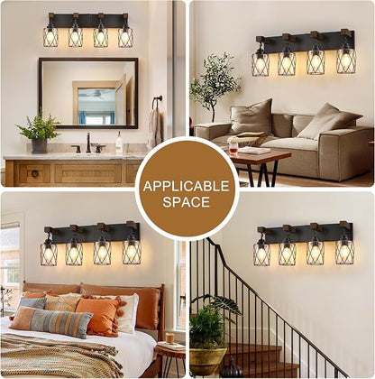 Bathroom Light Fixtures, Farmhouse Black Metal with Glass Shade | 4 Light Rustic Vanity Lights, Wood Accent Wire Cage Design, Mounts Over Mirror, Ideal for Bedroom & Hallway,Easy to Install