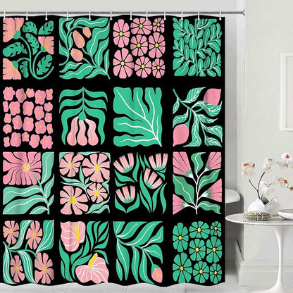 JAWO Pink Green Floral Shower Curtain for Bathroom, Retro Boho Floral Shower Curtains Decor for Women Girls, Vintage Botanical Geometric Groovy Aesthetic Pattern Shower Curtain Sets with Hooks47X64IN