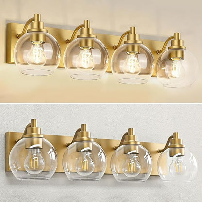 IZORRO Bathroom Light Fixtures, 4-Light Brushed Gold Vanity Light, Modern Wall Sconces with Globe Clear Glass Shade, Vanity Lighting Fixtures Over Mirror,E26 Bulb Socket