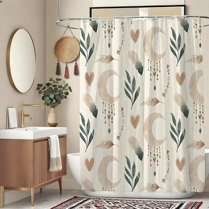 Bohemian Shower Curtains 72x72 Inch,Aesthetic Modern Boho Bathroom Curtain with Leaves and Moon, Neutral Waterproof Polyester Fabric Bath Curtain for Home Bathroom Decor