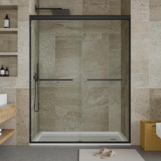 44-48" W x 72" H Semi-Frameless Shower Door, Double Sliding Glass Door with 5/16" (8mm) Clear Tempered Glass for Bathroom, Matte Black