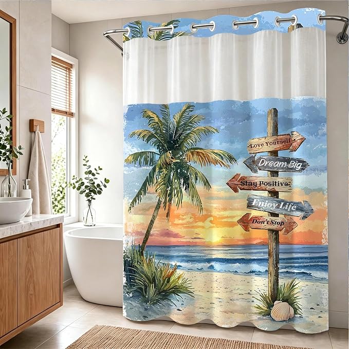 Beach Coastal Tropical No Hook Shower Curtain Luxury Aesthetic Palm Tree | Summer Art No Hook Shower Curtain with Snap in Liner, Waterproof Ringless Shower Curtains for Bathroom 72x74 Inch Colorful