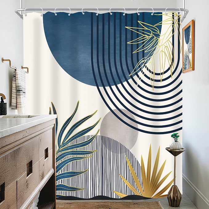 Mid Century Boho Abstract Modern Sun Minimalist Bathroom Shower Curtain Set | 72Wx72L Arch Curve design, waterproof HD print with fast-drying fabric and 12 hooks.