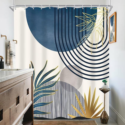 Mid Century Boho Abstract Modern Sun Minimalist Bathroom Shower Curtain Set | 72Wx72L Arch Curve design, waterproof HD print with fast-drying fabric and 12 hooks.