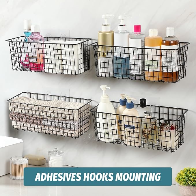 4 Set [EXTRA LARGE] Hanging Wall Mount Storage Baskets with Adhesive Hooks & Steel Hooks, Multiuse Sturdy Wire Metal Organizing Baskets for Home Kitchen Bathroom Pantry Utility Organizer, Black