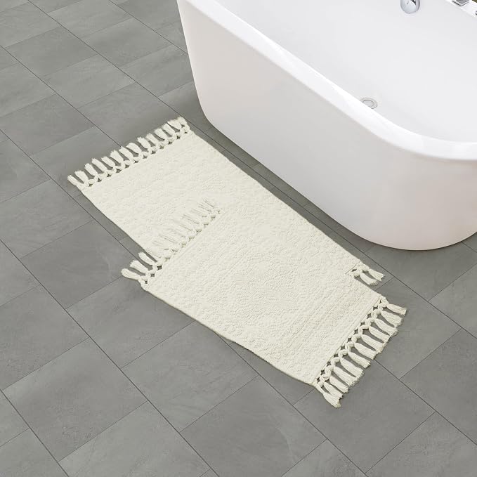 French Connection Nellore Bathroom Rugs, Set of 2 Woven and Beaded Bathroom Mats, Durable Bath Rugs, Thick Bath Mats for Bathroom and Shower Rugs, 17" x 28" and 20" x 38", Ivory