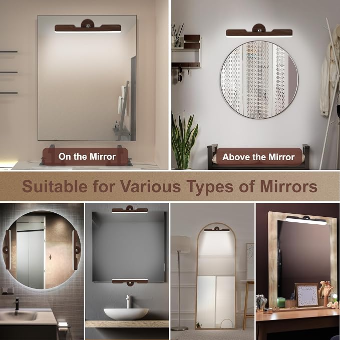 Benreom 2 Pack Rechargeable Vanity Lights for Mirror, Dark Wood | 4000mAh Battery, Touch Dimming, 3 Color Modes and 360° Adjustable Magnetic Design for Makeup Mirrors and Bathrooms