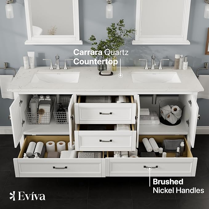 Eviva Britney 72 in. White Double Sink Bath Vanity with Carrara Quartz Top and Undermount Porcelain Sinks