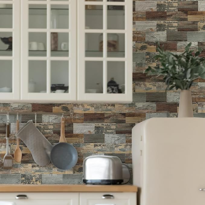 Yipscazo Peel and Stick backsplash 3 x 6 Inches 3D PVC Composite Wall Tile Stick on Backsplash Tile for Kitchen Bathroom, Laundry Room, Fireplace(Retro Rustic, 32 Pieces)