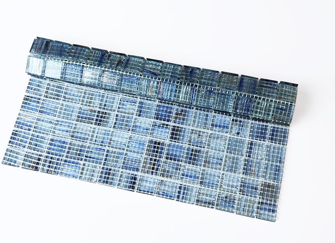 8 Sheets Glass Mosaic Tiles Backsplash, 12” x 12” Light Blue Backsplash Tile for Kitchen Bathroom Swimming Pool Shower Wall (8 sq.ft)