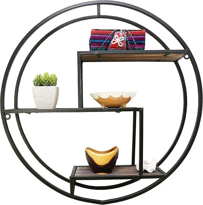 Admired By Nature, 23" Mounted Iron Circle Hanging Storage Shelving Floating Shelf 3 Tier Floating Circular Wall Decor Round Decorative Hanging Shelves, Sphere Shape Wall Shelf For Home, Black, 1 unit