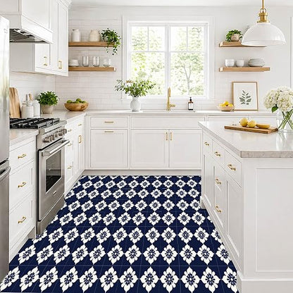 Navy Floral Peel and Stick Floor Tiles 12x12 Inch 10PCS | Navy blue and white floral tile pattern vinyl floor stickers for kitchen bathroom entryway and indoor home decor