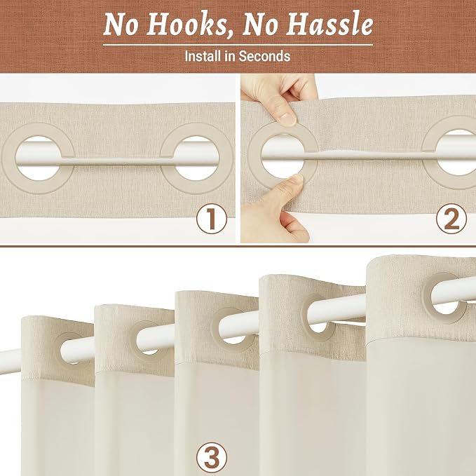 WONICY No Hook Linen Look Shower Curtain with Snap-in Liner, Cream, 71 x 77 | Ringless, Waterproof & Washable, Hotel Style, Mesh Top Window, Bottom Magnets, Thick, Farmhouse, for Bathroom