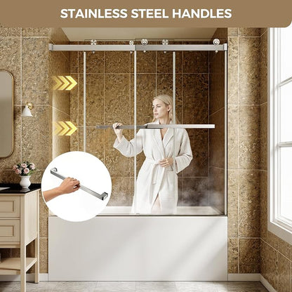 Frameless Stainless Steel Sliding Shower Door, 56-60" W x 60" H - 5/16" (8mm) Thick Tempered Glass Rust-Proof Glass Shower Door with Dual Tracks in Brushed Nickel