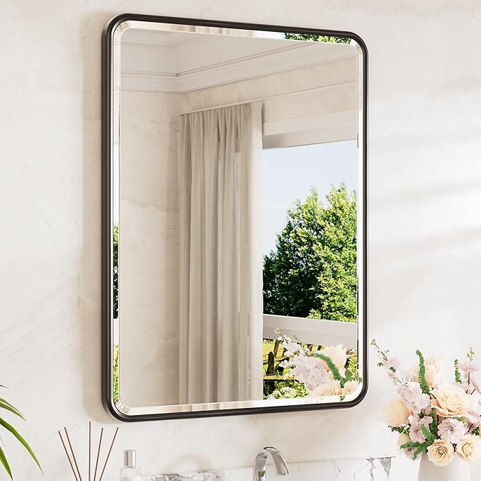 Black Framed Vanity Mirror 24 x 32 Beveled Edge Tempered Glass, Rounded Corner Rectangle Bathroom Mirror for Over Sink for Modern Bathroom, Living Room, Bedroom, Entryway