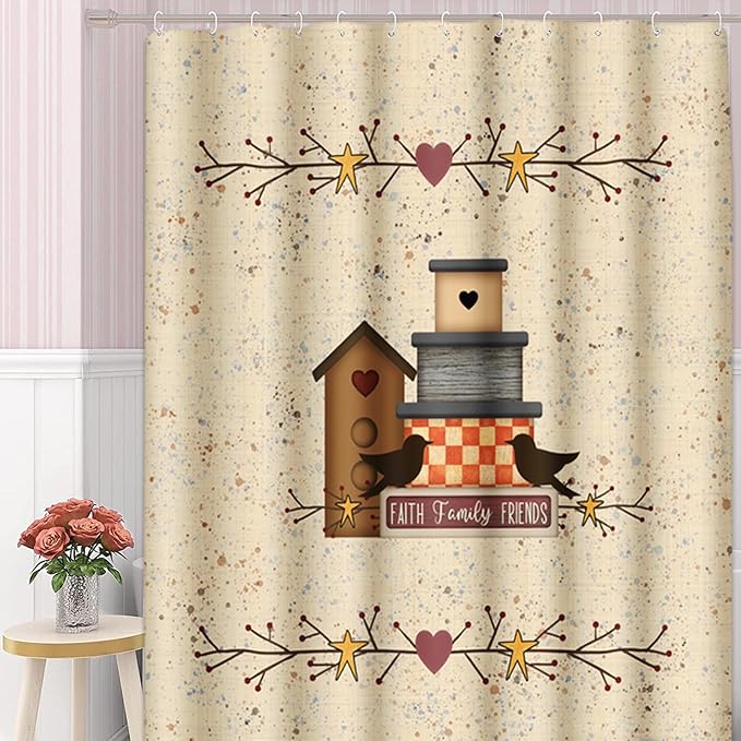 Shower Curtain, for Bathroom Decor 72 x 72 Inch, Country Primitive | Heart Pip Berry Birdhouse Waterproof Polyester Fabric Shower Curtains Set with Hooks