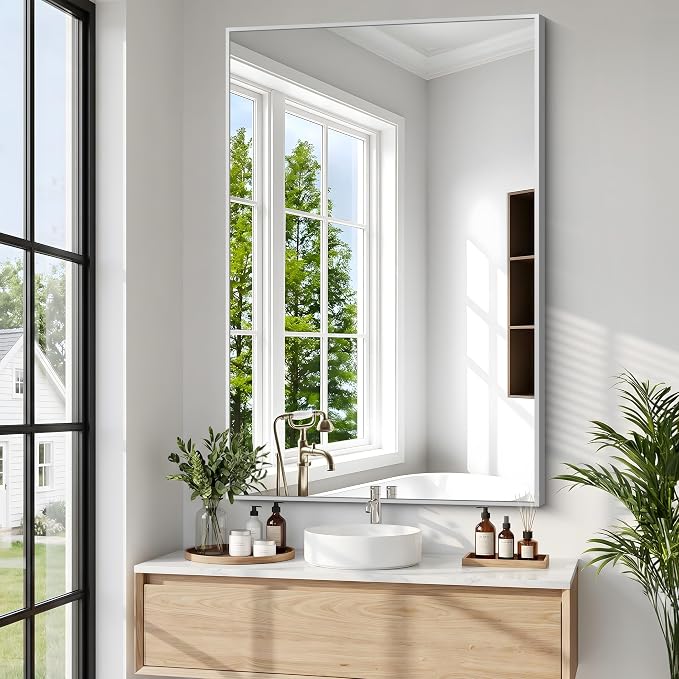 BONEWEI Silver Bathroom Mirror,30x42 inch Wall Mirror for Bathroom Wall Mounted,Rectangle Mirror for Bathroom Over Sink,Modern Metal Frame for Living Room,Bedroom Entryway,Horizontal/Vertical