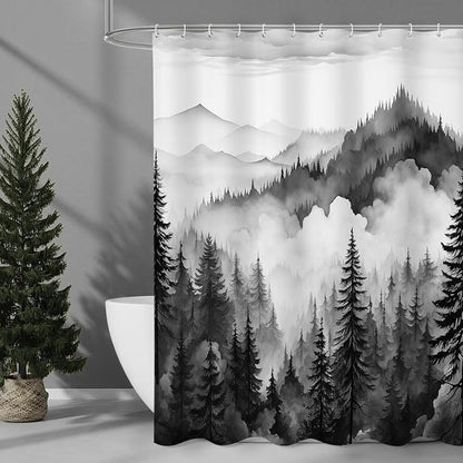 Litabel Black Extra Long Misty Pine Forest Shower Curtain 72 x 84, XL Mountain Foggy Woodland Scenery Tree Shower Curtains for Bathroom, Abstract Waterproof Nature-Themed Decor