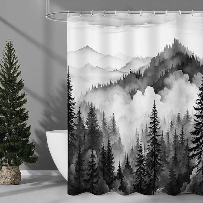 Litabel Black Long Misty Pine Forest Shower Curtain 72 x 78, Mountain Foggy Woodland Scenery Tree 78 Inch Long Shower Curtains for Bathroom, Abstract Waterproof Nature-Themed Decor