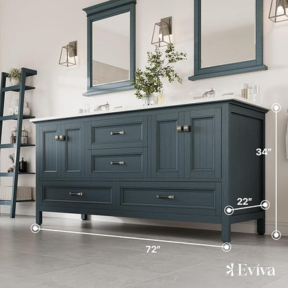 Eviva Britney 72 in. Ash Blue Double Sink Bath Vanity with Carrara Quartz Top and Undermount Porcelain Sinks