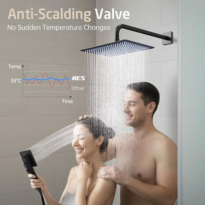 KES Black Bathtub Shower Faucet Set with 12" Rectangle Rain Shower Head, Shower System with 3-Modes Handheld Spray and Waterfall Tub Spout, cUPC Anti-Scald Valve included, XB6336S12-BK
