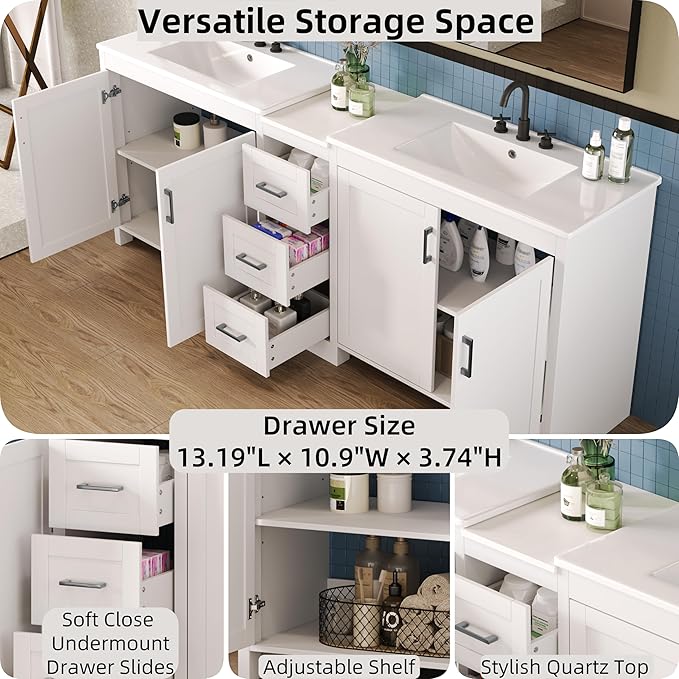 Merax 84 Inch Double Sink Bathroom Vanity with Quartz Countertop & Ceramic Basins, Bathroom Sink Vanity with Large Storage, Adjustable Shelves, 3 Drawers, Soft Close Hinges, Silver Handles, White