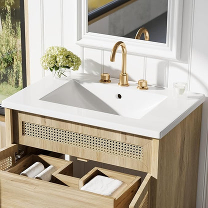 30-Inch Bathroom Vanity with Handwoven Rattan Doors, Shatter-Resistant Resin Basin & Solid Wood Legs – Space-Saving Design, Soft-Close Hinges, Easy Assembly for Small Bathrooms (Natural Wood, 30")