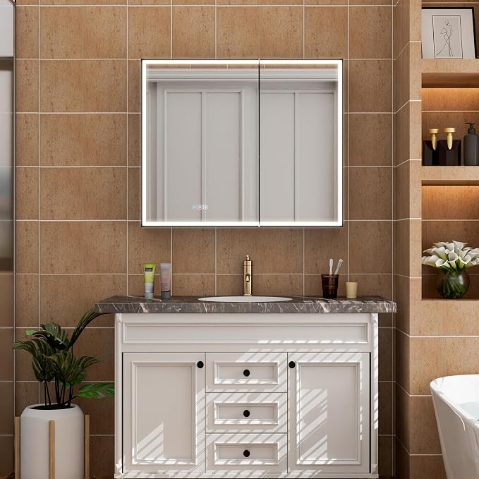 36" X 30" LED Mirrored Medicine Cabinet, Bathroom Medicine Cabinets with Lights for Bathroom, Defogging Function Mirror Cabinet, Medicine Cabinet with USB Port & Outlet, Double Doors
